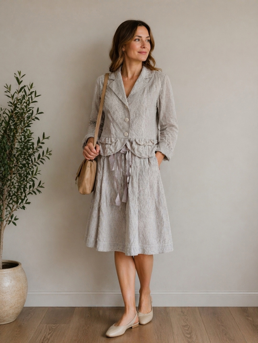 Laurel Grey White Pinstripe Cotton Silk Blend Blazer and Pleated Skirt Set Sz 10